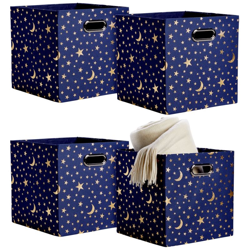 Okuna Outpost 4 Pack Fabric Storage Cube Bins, Cube Organizer, Blue with Gold Moons and Stars (11 x 11 in), 1 of 10