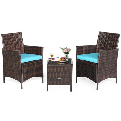 Tangkula 3 Pieces Patio Rattan Conversation Furniture Wicker Chairs with Coffee Table & Cushions Red/Blue/White