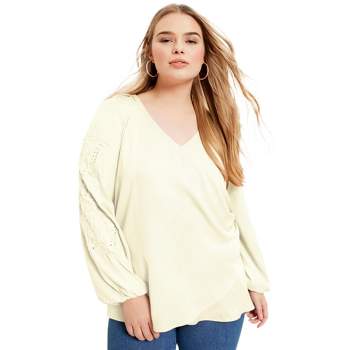 June + Vie by Roaman's Women's Plus Size Embroidered V-Neck Wrap Blouse