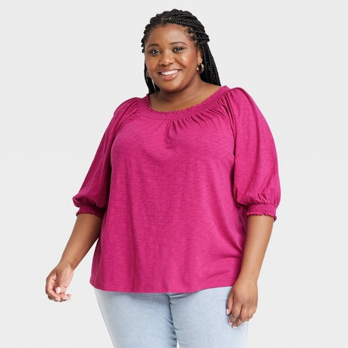 Women's Plus Size Bishop 3/4 Sleeve Smocked Top - Knox Rose™ Magenta Xxl :  Target
