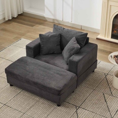 Deep Seat Sofa with Ottoman for Living Room, Sleeper Armchair with Pillows, Upholstered Corduroy Sofa Bed with Wood Frame-Coolbibila