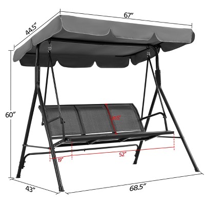 Gray Metal 3-Seat Outdoor Patio Swing Chair with Adjustable Canopy
