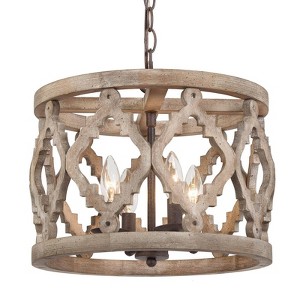 LNC Quaint 4-Light 14" Farmhouse Drum Small Chandelier, Rustic Bronze and Distressed Grayish White Wood - 1 of 4