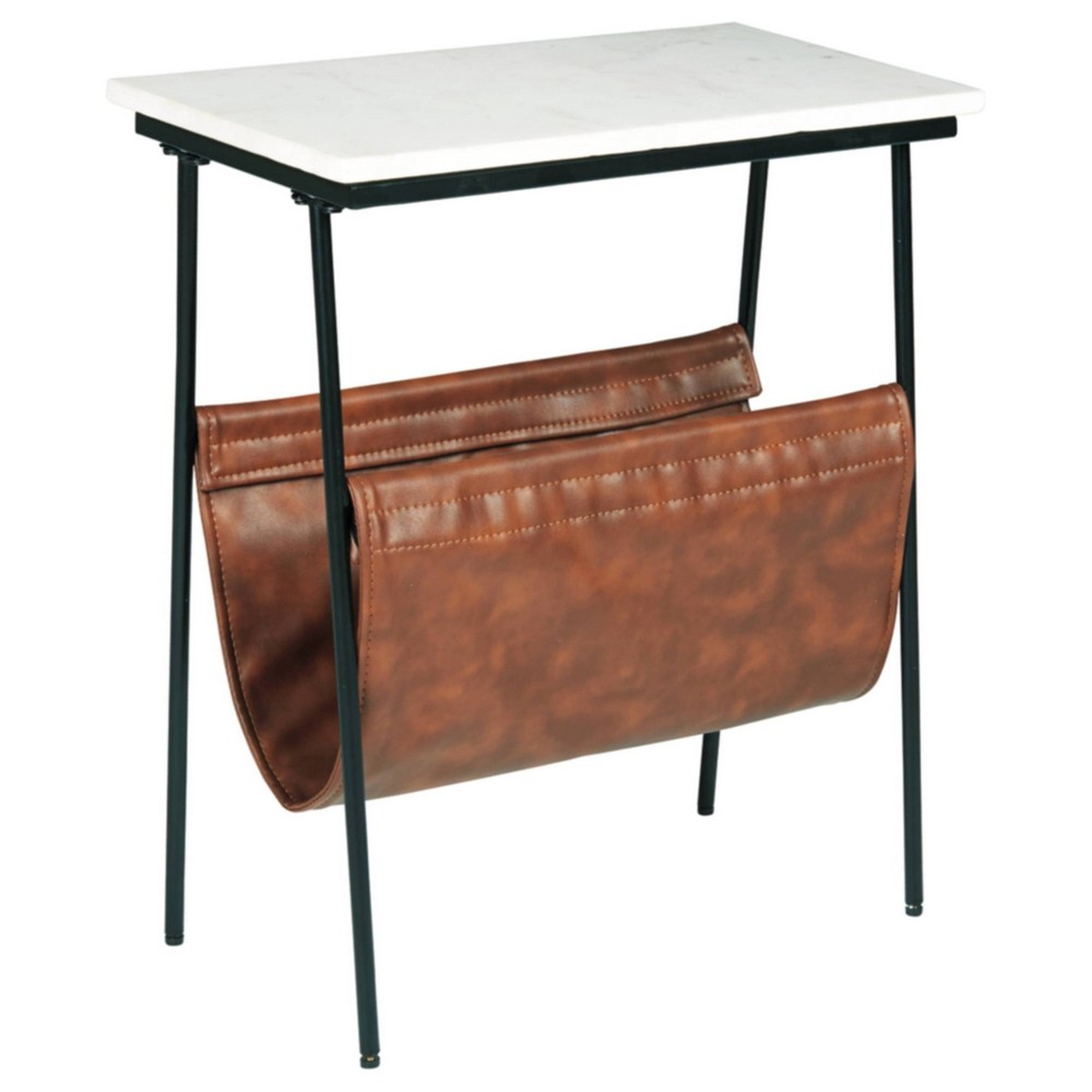 Photos - Coffee Table Ashley Etanbury Side Table Brown/Black/White - Signature Design by : Marble Top, Faux Leather Magazine Holder 