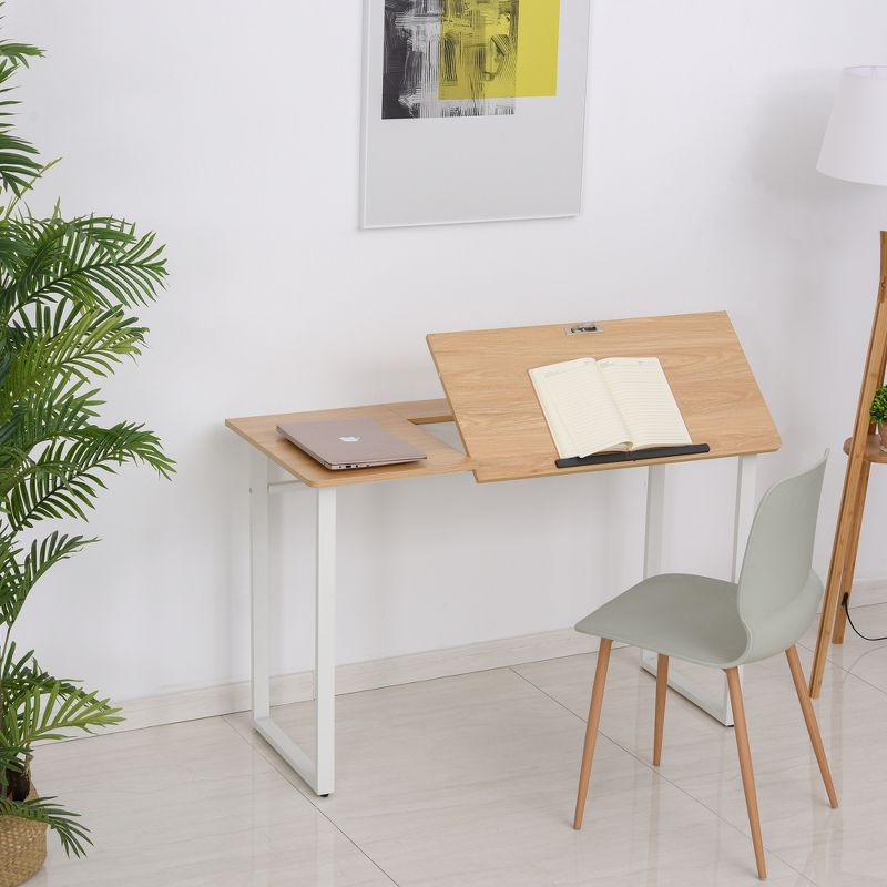HOMCOM Modern Drafting Drawing Table with Adjustable Tiltable Tabletop, Writing Office Desk Artist Workstation, Oak, 2 of 6