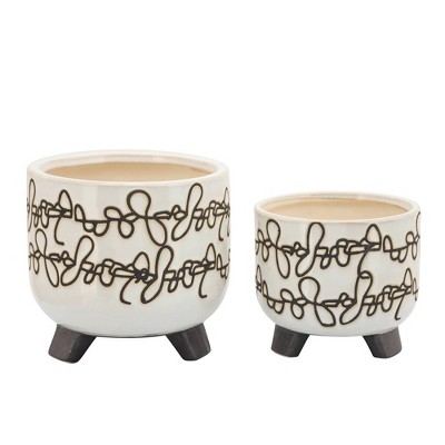 Sagebrook Home Set of Two 6"/8" Ceramic Abstract Design Footed Planters