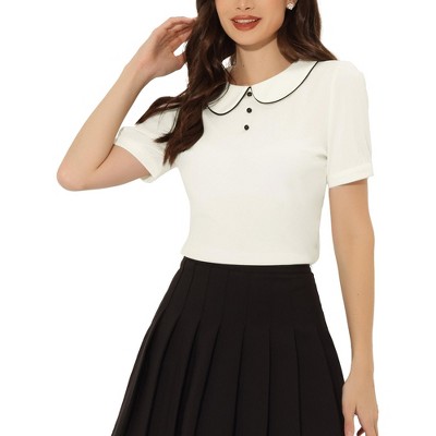 INSPIRE CHIC Women's Summer Peter Pan Collar Contrast Trim Puff Short Sleeve Blouse