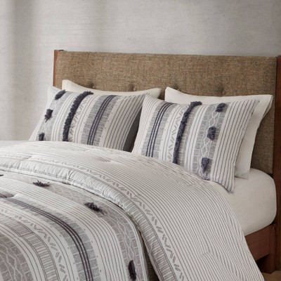 Gray and Navy Queen Cotton Comforter Set with Pom Accents