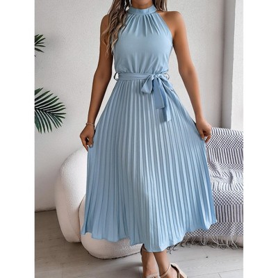 Women Summer Sleeveless Midi Dresses Casual Pleated Mock Neck Midi Dresses With Belt A Line Flowing Dress