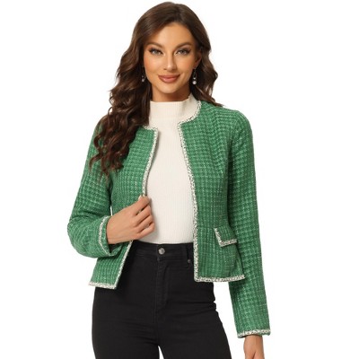 Allegra K Women's Long Sleeve Open Front Work Office Short Plaid Tweed  Blazer Green Small : Target