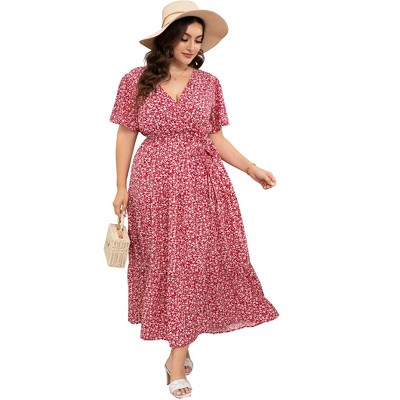 Plus Size Short Sleeves Wrap Maxi Dress V Neck High Waist Ruffle Casual Summer Belt Dress