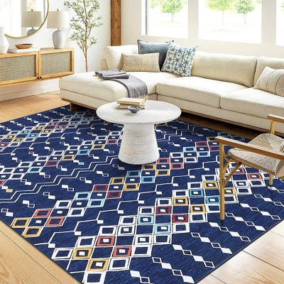 Boho Rug Moroccan Trellis Area Rug Washable Rug Faux Wool Geometric Distressed Carpet