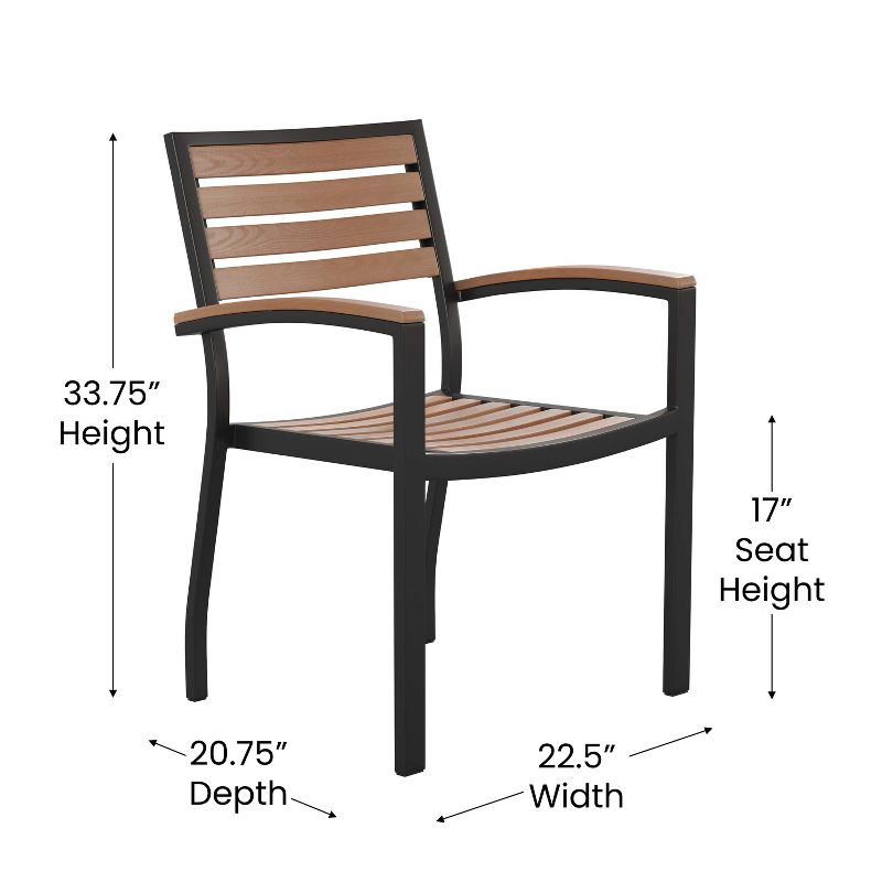 Emma and Oliver Set of 2 Stackable All-Weather Black Aluminum Patio Chairs with Faux Teak Slats, 5 of 12