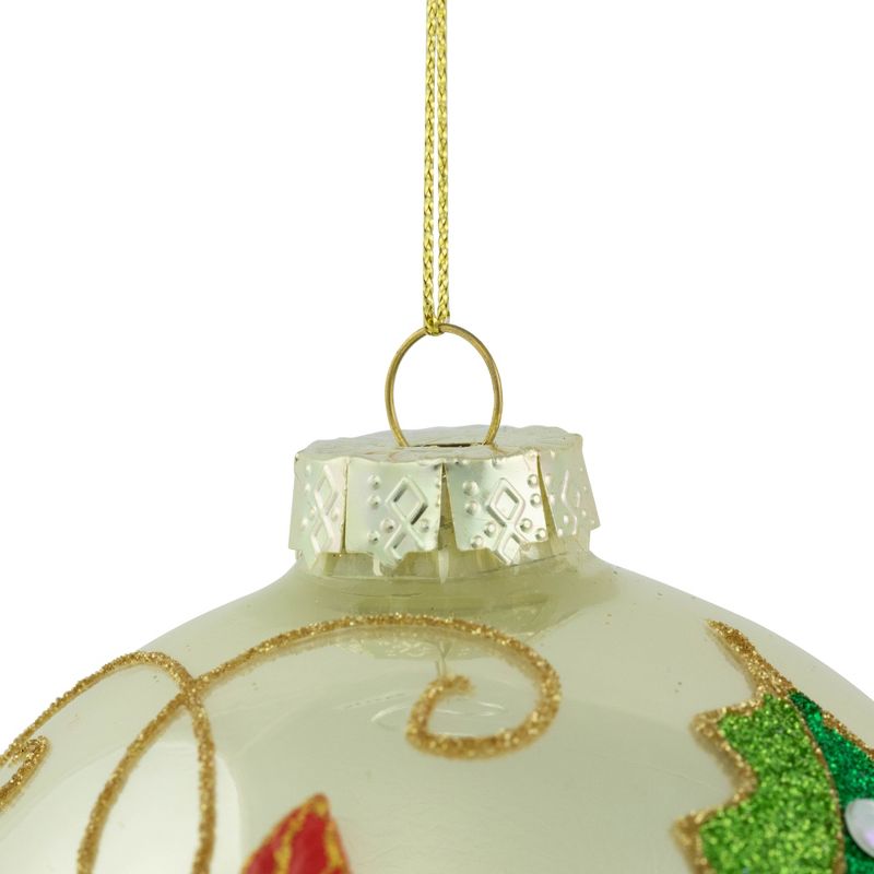 Northlight 4" Red Glittered 2-D Poinsettia Glass Christmas Ball Ornament, 4 of 6