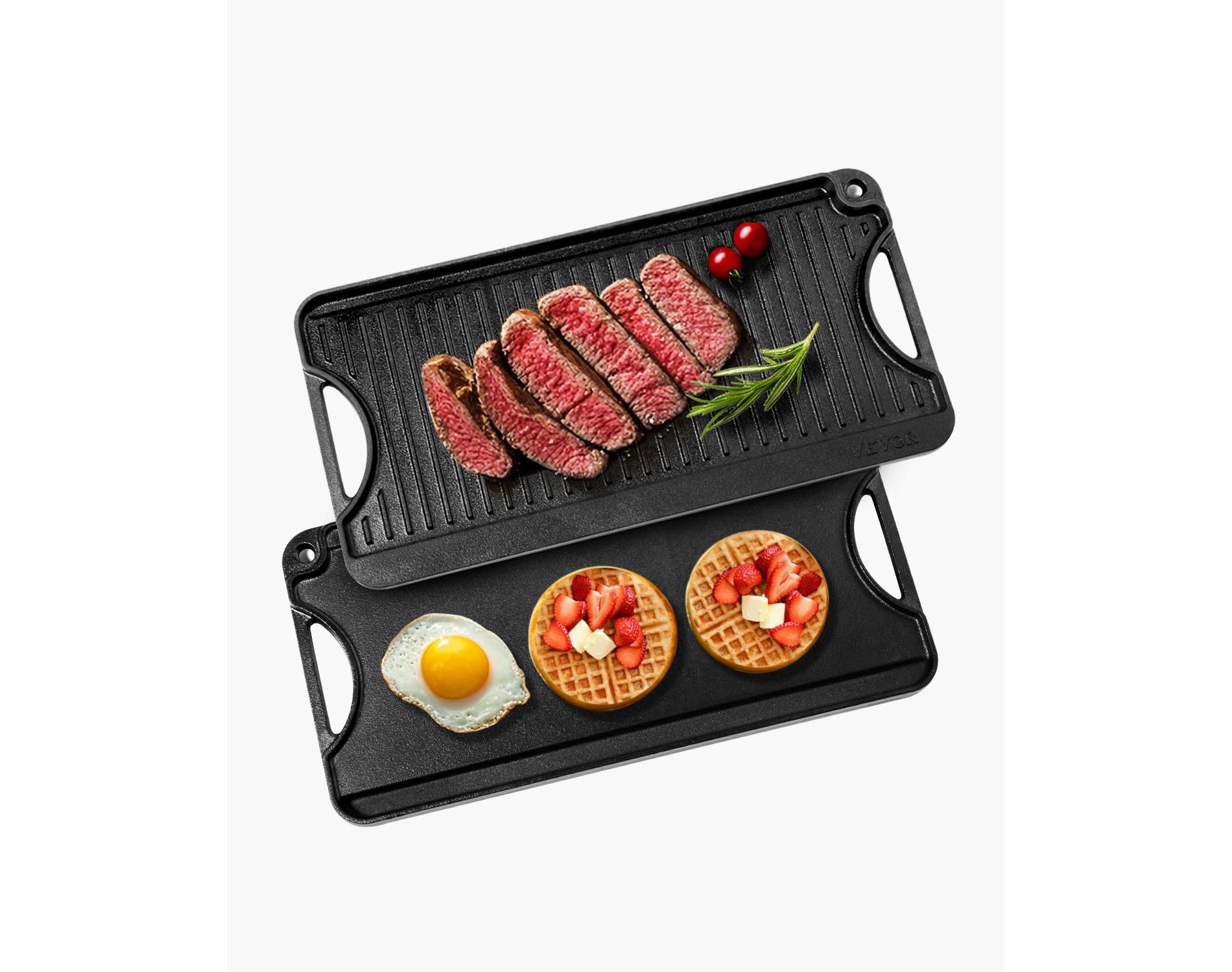 VEVOR Reversible Grill/Griddle, 20x10 in Pre-Seasoned Cast Iron Griddle Pan, Double-Sided Flat & Grill for Stovetop, Gas & Camping BBQ, Black