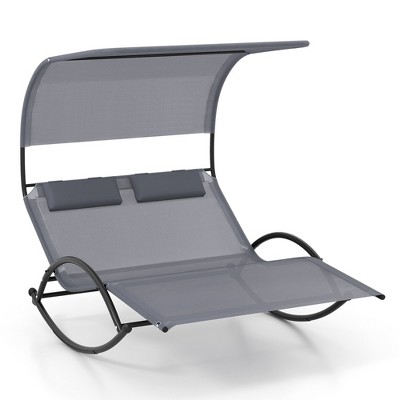 Tangkula Outdoor Double Chaise Rocker Rocking Daybed Sun Lounger w/ Sun Shade Canopy