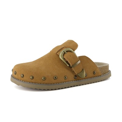 CUSHIONAIRE Bronco Slip On Mule Womens Shoes – Genuine Suede Leather Clogs with Adjustable Buckle and Studded Detailing, Stylish Fall Shoes for Women
