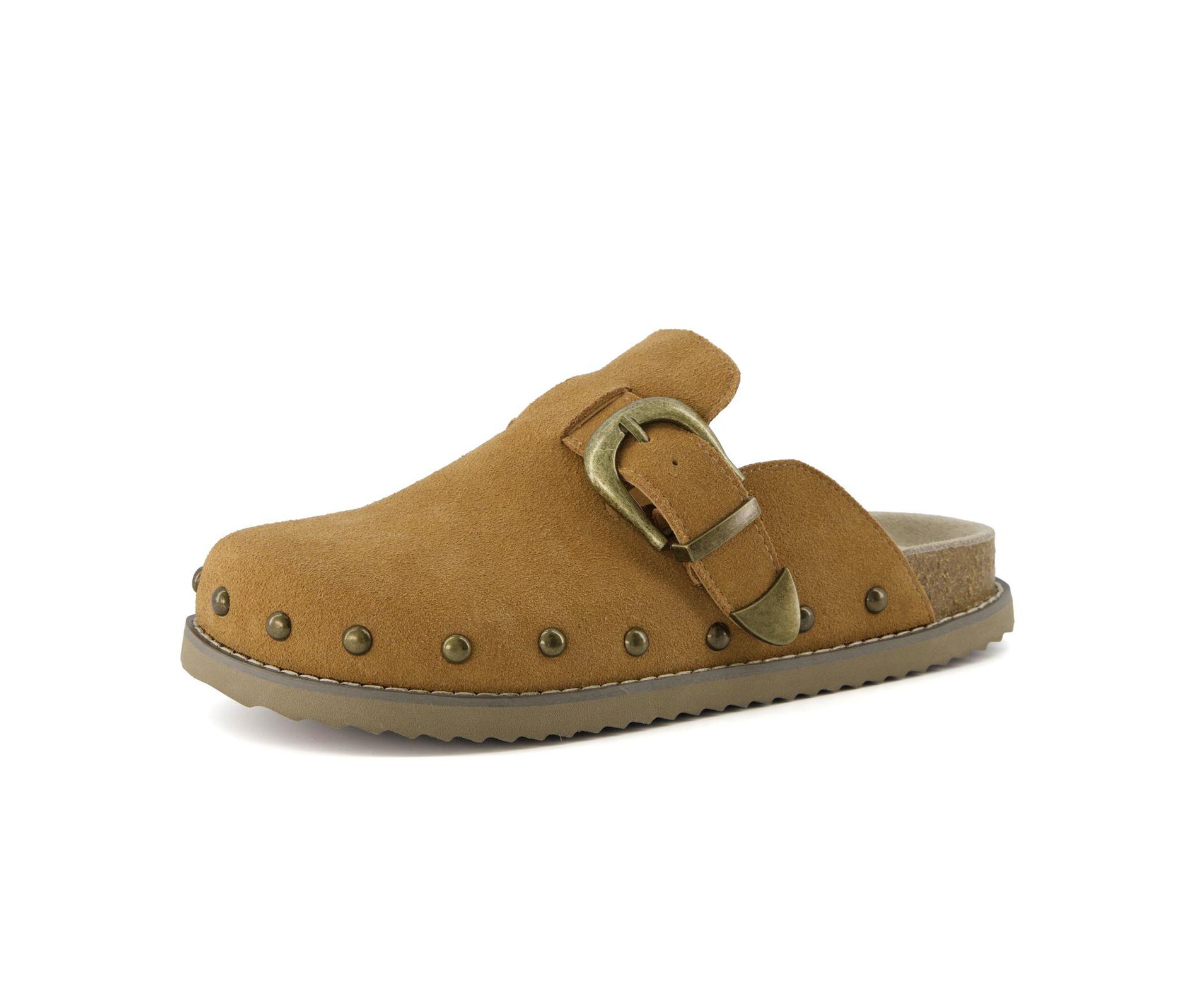 CUSHIONAIRE Bronco Slip On Mule Womens Shoes – Genuine Suede Leather Clogs with Adjustable Buckle and Studded Detailing, Stylish Fall Shoes for Women