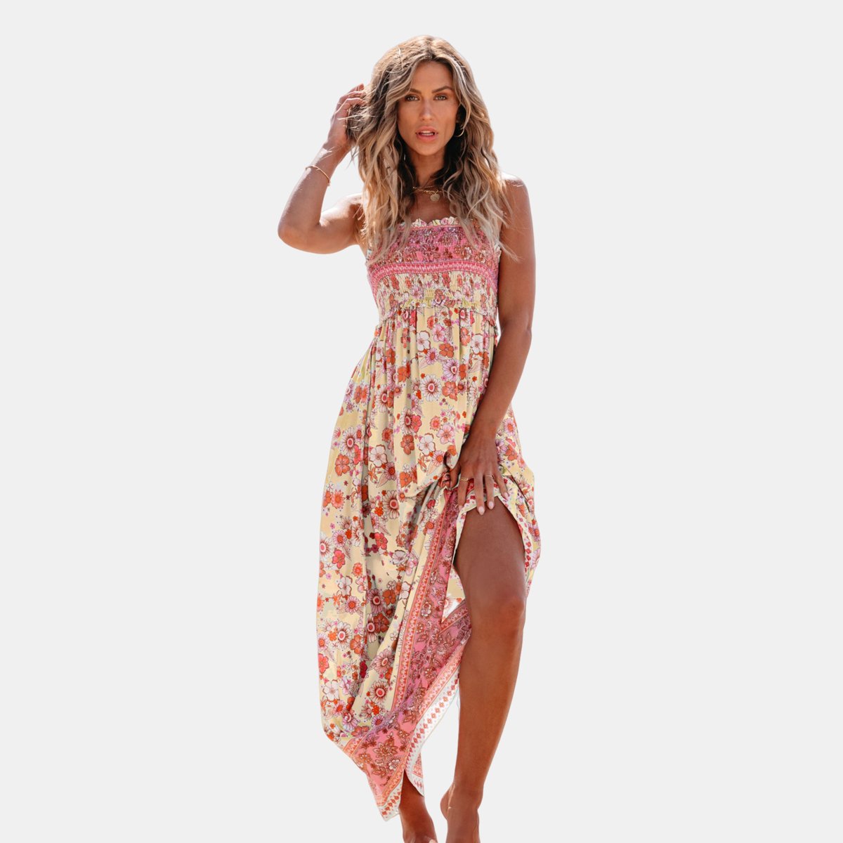 Женские платья Cupshe Women's Boho Chic Floral Print Maxi Dress with Smocked Bodice-S-Blue&Pink — фото 4