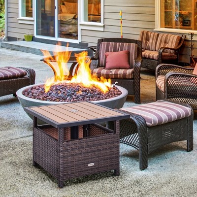 Brown Rattan Wicker Outdoor Accent Table with Steel Frame and Umbrella Insert