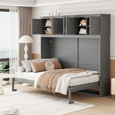 NicBex Queen Size Murphy Bed 82.2" Wooden Bed Frame Morden Hideaway Wall Bed with 3 Storage Cabinets for Apartment