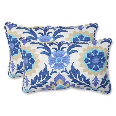 2pc Rectangular Outdoor Decorative Throw Pillow Set - Blue/White Damask - Pillow Perfect