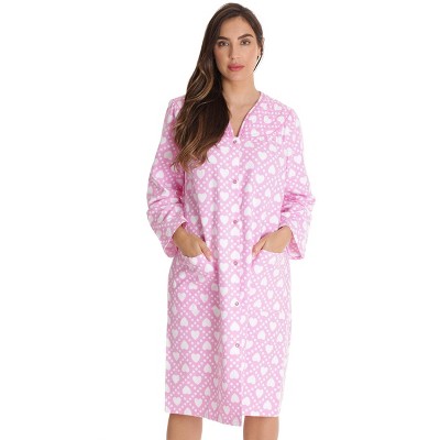 Dreamcrest Womens Snap-Front House Coat Flannel Duster Nightgown with Pockets