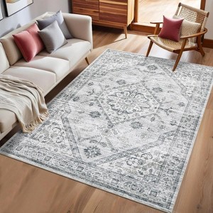 Washable Area Rug for Living Room, Floral Non-Slip Carpet, Low Pile Stain-Resistant Floor Cover for Bedroom or Office - 1 of 4