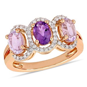 EVERLY JEWELRY | 1.41 TGW Oval-Cut African-Amethyst & Rose de France and 1/5 TDW Diamond 3-Stone Ring in Rose Plated Sterling Silver - 1 of 4