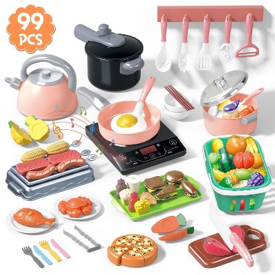 Skirfy 99 Pieces Kids Kitchen Utensils with BBQ Pretend Play Toy Set, Cooking Accessories with Pots and Pans, Food Cutting Utensils