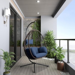 ALAULM Egg Swing Chair Indoor Outdoor Patio Wicker Rattan Hanging Egg Chair with Stand, Hammock Swing with Cushioned Headrest, 350LB Capacity - 1 of 4