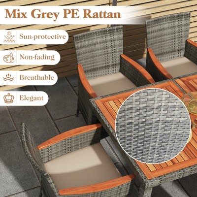 Gray 7-Piece Patio Rattan Dining Set with Acacia Wood Table