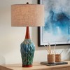 360 Lighting Rocco Modern Mid Century Table Lamp 30" Tall Blue Teal Glaze Ceramic Linen Drum Shade for Bedroom Living Room Bedside Nightstand Office - 2 of 4