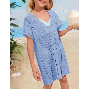 Girls swim cover up crochet swimsuits kids swimwear beachwear tops - 1 of 4