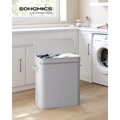 Gray Bamboo Upright Laundry Hamper with Lid and Handles