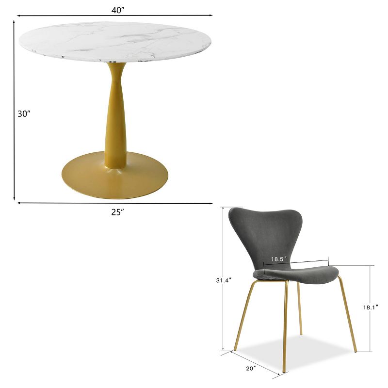 Harris+Flavia 5-Piece Round-Shaped Artificial Marble Dining Table Set With 4 Velvet Upholstered Chairs Gold Legs -The Pop Maison, 3 of 9