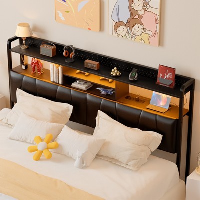 Aheaplus Upholstered Headboard with Storage Shelf, Charging Station and LED Light