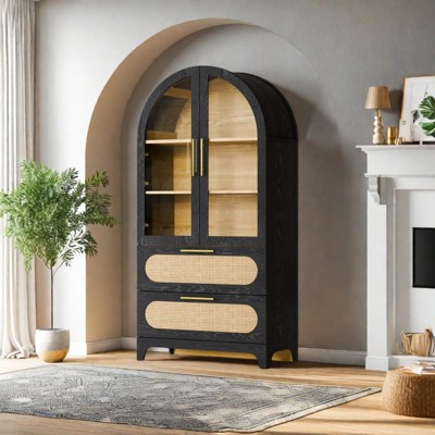 FONTOI Arched Shaped Storage Cabinet with Covered Top, 3-Tier Arched Bookcase with 2 Doors&2 Drawers