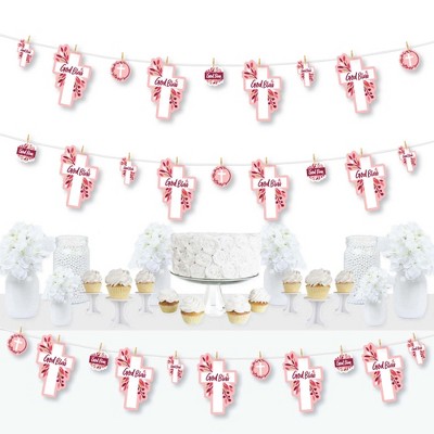 Big Dot of Happiness Pink Elegant Cross - Girl Religious Party DIY Decorations - Clothespin Garland Banner - 44 Pieces