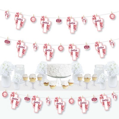 Big Dot of Happiness Pink Elegant Cross - Girl Religious Party DIY Decorations - Clothespin Garland Banner - 44 Pieces