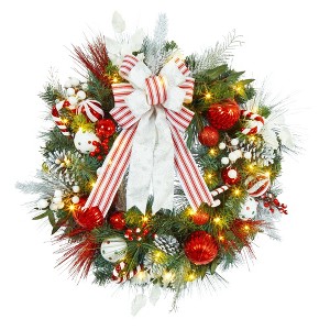 24" Christmas Wreath for Front Door, Prelit Christmas Wreath with Lights, Red Gold Ball Ornaments, Pine Cones &Bow for Fireplace Home Holiday Decor - 1 of 4