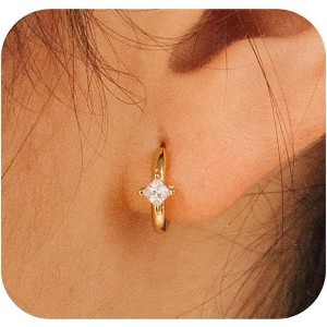 Gold Plated Small Huggie Hoop Earrings with Diamond Flower & CZ, Sterling Silver Hypoallergenic Dangle Jewelry Gift - 1 of 4