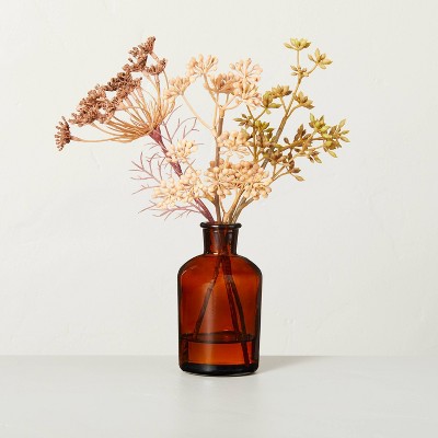 10.5" x 6" Faux Achillea & Sedum Amber Glass Bottle Arrangement - Hearth & Hand™ with Magnolia