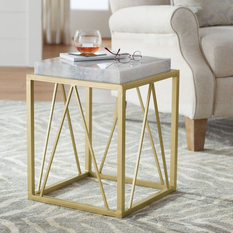 Coast to Coast Accents Modern Gold Powder-Coated Square Accent Table 15 1/2" White Gray Marble Tabletop Open Cage for Living Room, 2 of 9