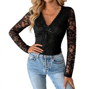 Women's Lace Blouse Long Sleeve Deep V-Neck, Backless Sheer Fitted Top Floral See-Through for Date Night, Cocktail Party - 1 of 4