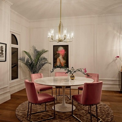Art Deco Brushed Brass 6-Light Chandelier with Etched Clear Glass