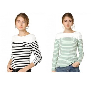 Allegra K Women's Color Block Round Neck Long Sleeves Striped Basic T-Shirt 2 Packs - 1 of 4