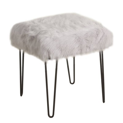 Metal Framed Stool with Faux Fur Upholstered Seat Gray and Black - Benzara