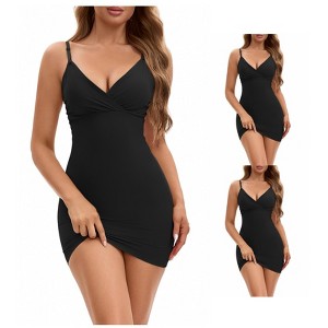 INSPIRE CHIC Women's 3 Packs Deep V Neck Adjustable Spaghetti Strap Full Slips Tummy Control Under Dress - 1 of 4