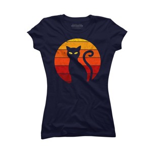 Junior's Design By Humans Vintage Retro Sunset Halloween Black Cat I By lemonpepper T-Shirt - 1 of 3